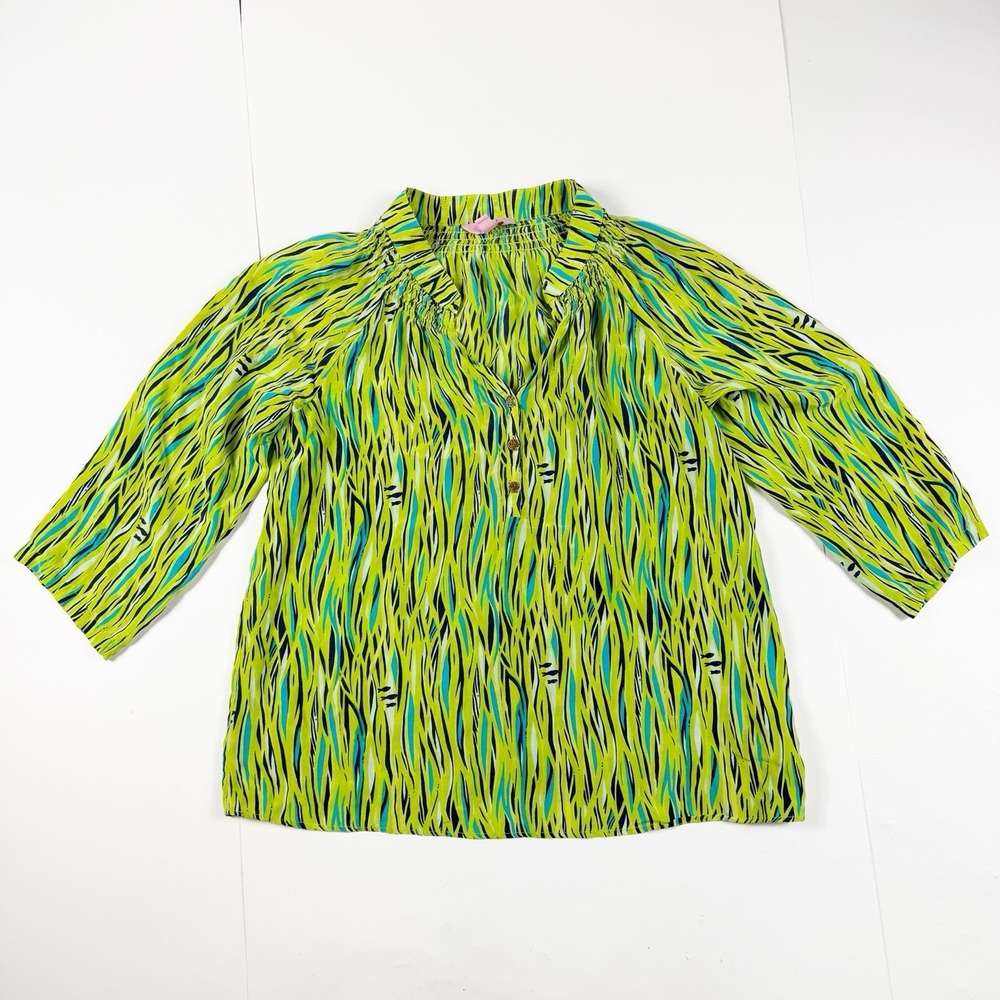 Lilly Pulitzer Elsa 100% Silk Top Sz 4 Checking In Seaweed Fish 3/4 Sleeve Shirt